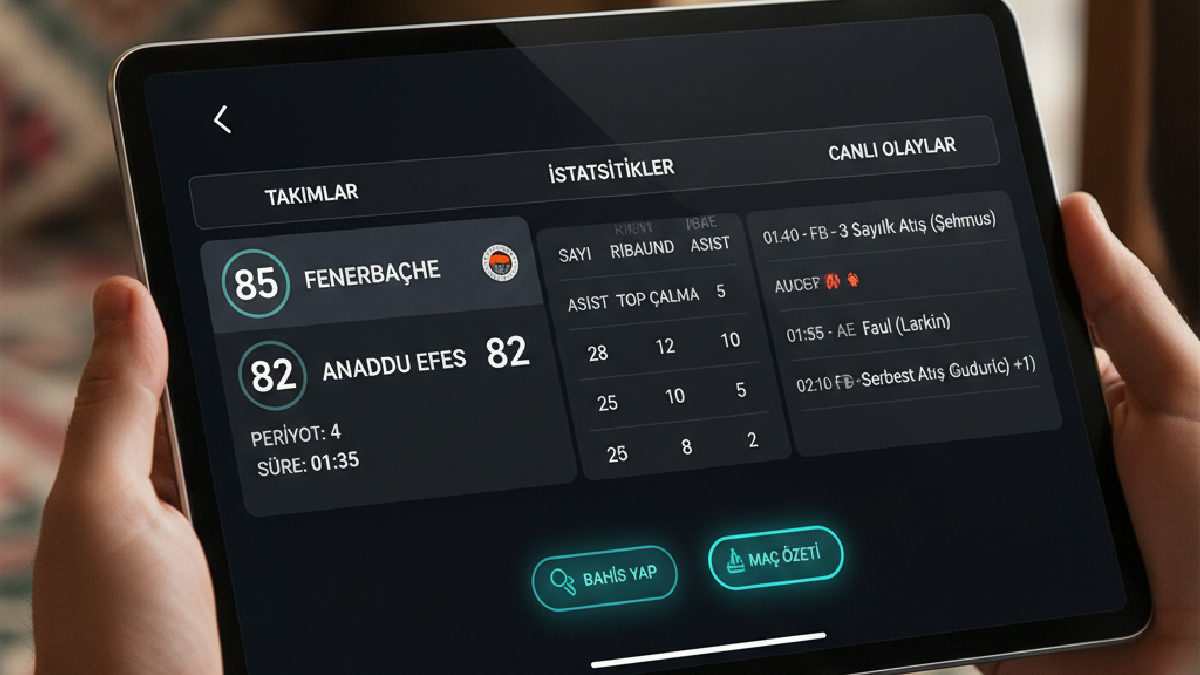 Basketbol maçının Davegas canlı skor detaylarını gösteren bir tablet ekranı.